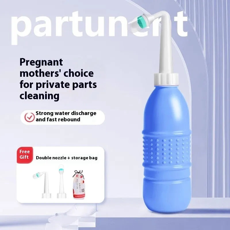 Portable bidet sprayer with dual nozzle and stroller storage bag, 400ml or 500ml, in blue, green, or pink