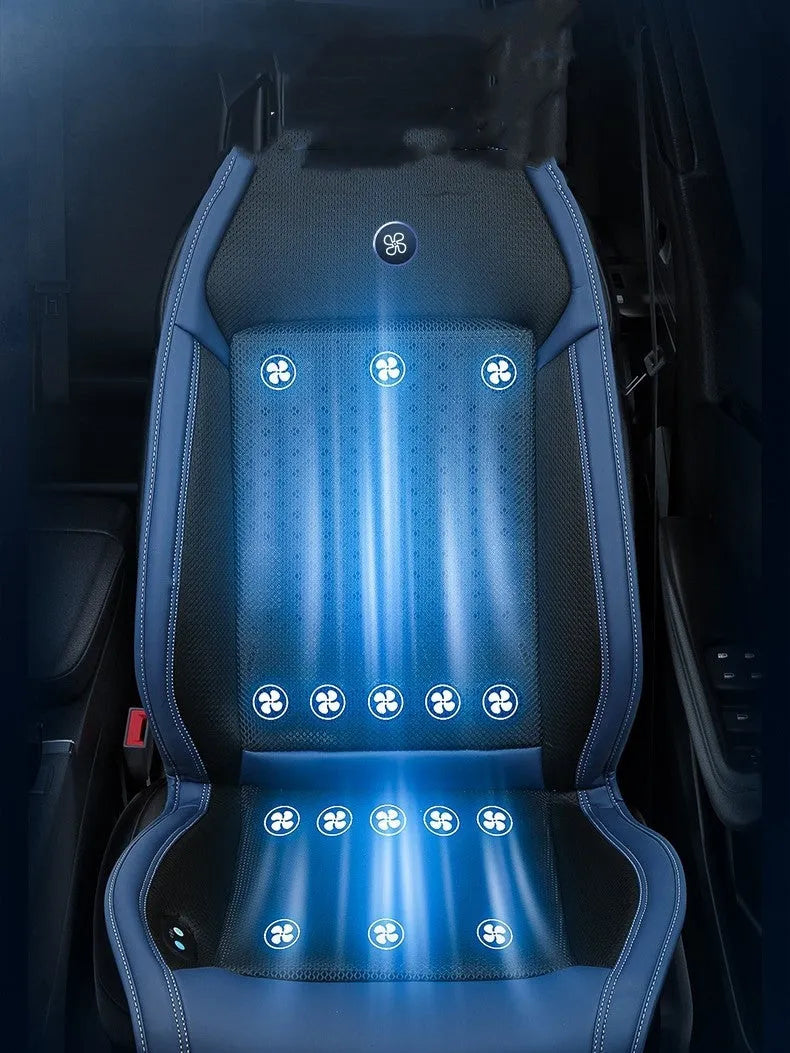 Car cooling seat pad with ventilation system in minimalist black design for single seat installation