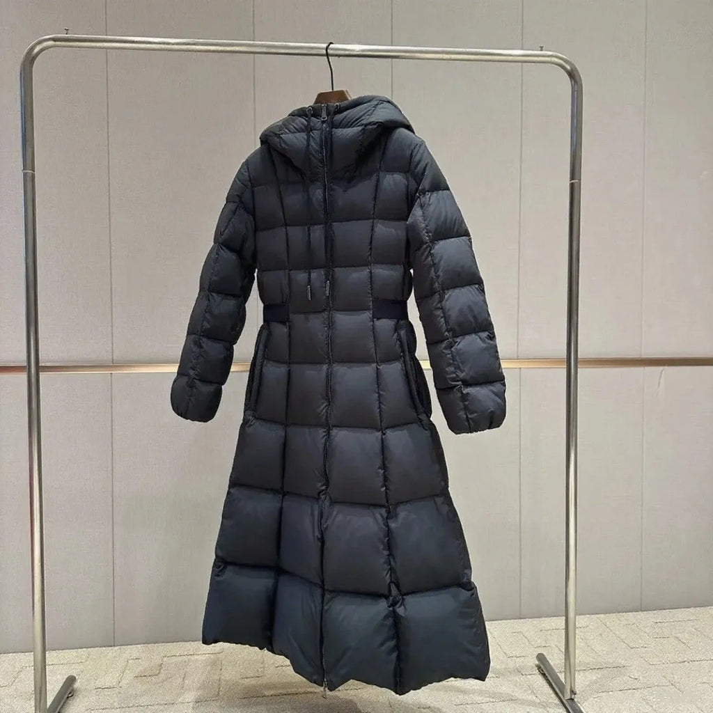 Black hooded down jacket for women, 65cm medium length, viscose fibre, white duck down, sizes 1-4.