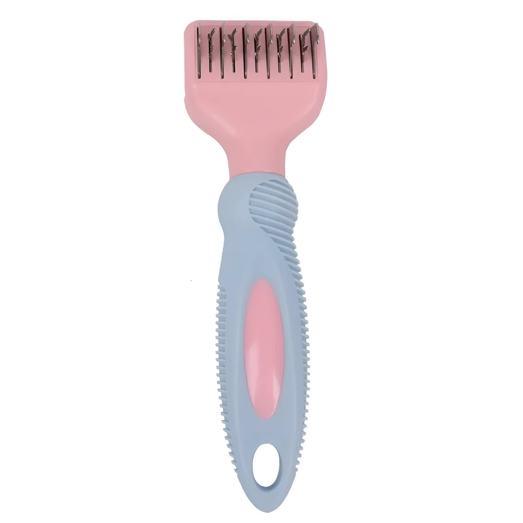 Stainless steel pet grooming comb with knot knife and massage brush in pink colour