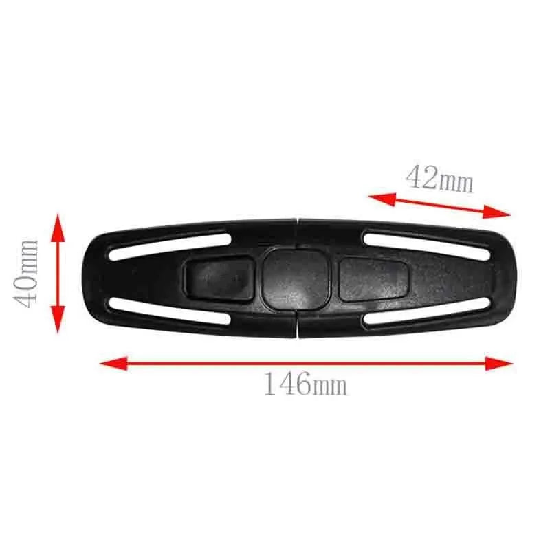 Black nylon seat belt clip for 5-point child car seat harness chest buckle.