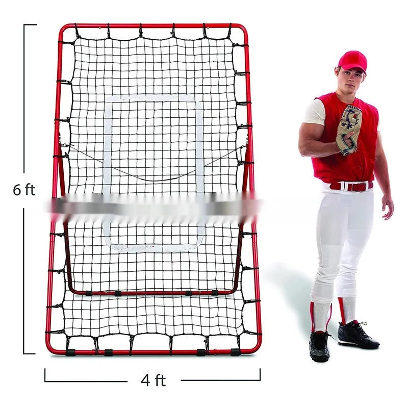 Red metal-frame portable baseball training net set up in a garden, measuring 4 feet wide by 6 feet high.