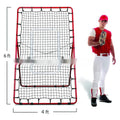 Red metal-frame portable baseball training net set up in a garden, measuring 4 feet wide by 6 feet high.