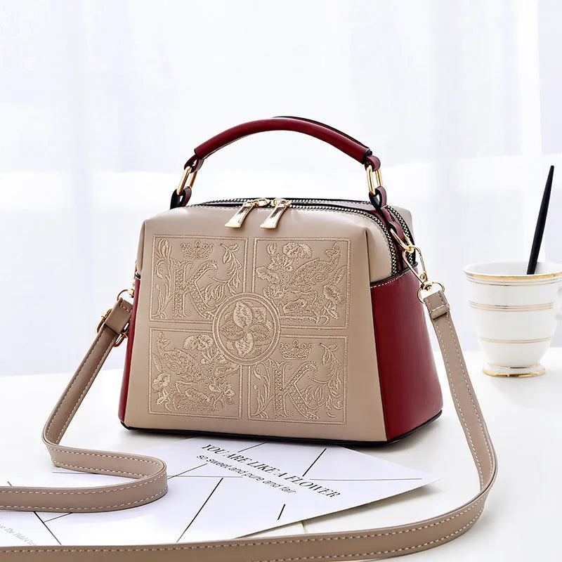 Women's PU cross-body shoulder bag with embroidery in horizontal square shape and external slit pocket