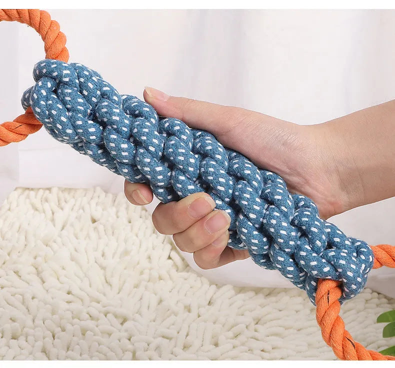 Blue braided cotton rope bone dog toy with double-ring loops