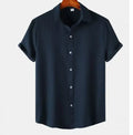 Men's light grey short-sleeve cardigan style casual shirt on a hanger.