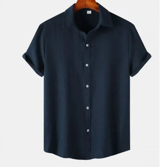 Men's light grey short-sleeve cardigan style casual shirt on a hanger.