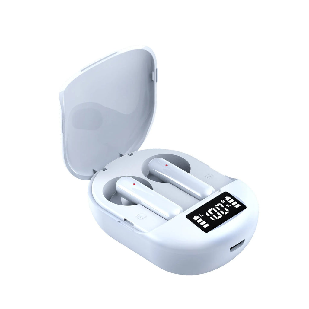 Black or white wireless Bluetooth headset with charging bin, showing digital display screen