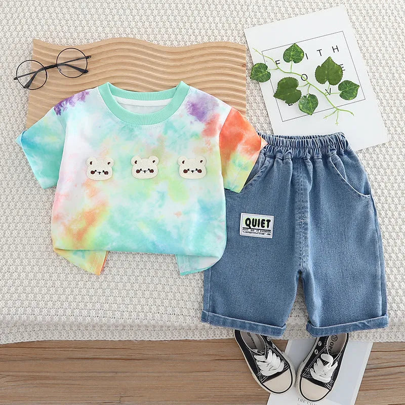 Baby suit three bear short sleeve two-piece set in cotton green colour for 80-130cm height