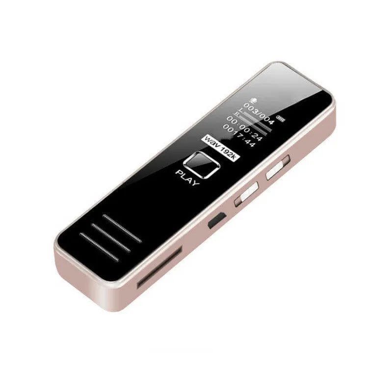 Mini portable voice recorder in black or gold colour with compact plastic construction and two-colour display