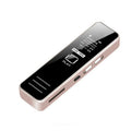 Mini portable voice recorder in black or gold colour with compact plastic construction and two-colour display