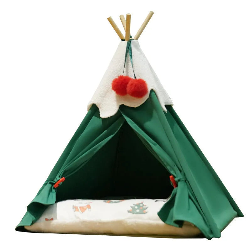 Brown semi-closed cloth cat house bed for winter, shown next to a white mat version.