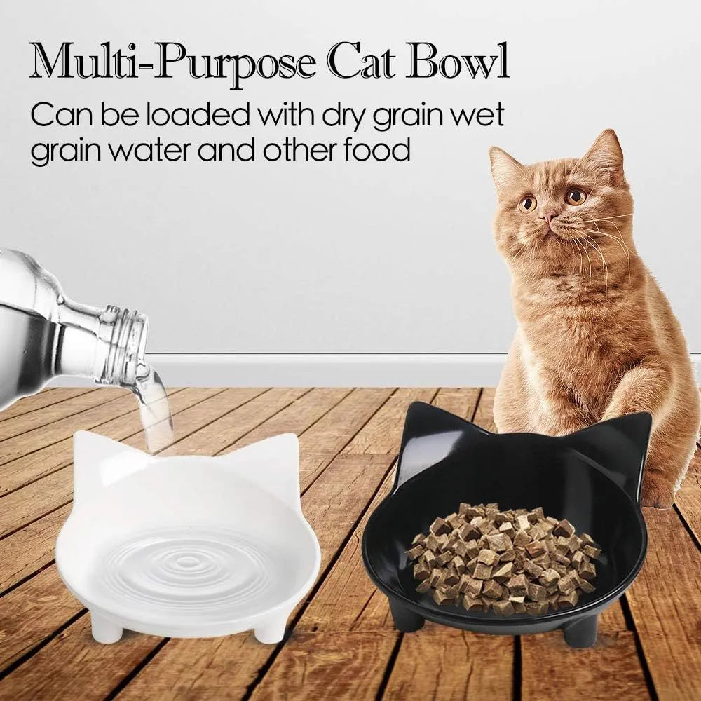 Set of four shallow black melamine pet bowls with non-slip rubber bases