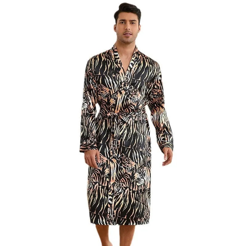 Men's tiger pattern rayon bathrobe set with long sleeves and matching shorts