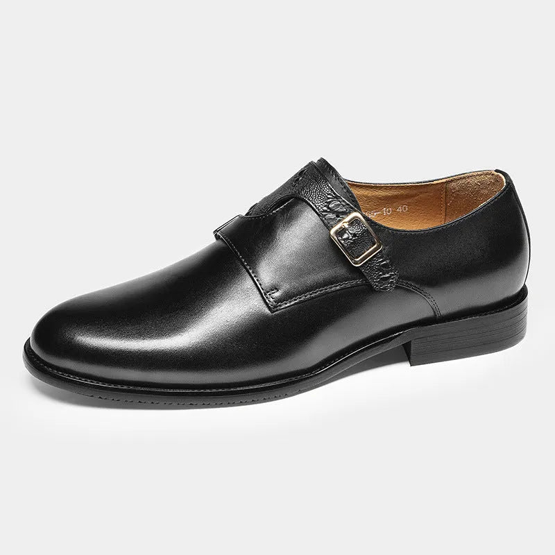 Men's first layer cowhide round toe double buckle retro style leather shoes black