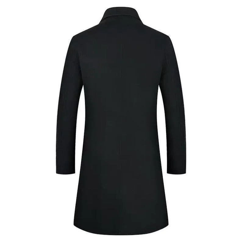 Men's slim fit wool trench coat in black from the front