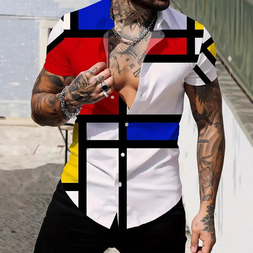 Men's slim-fit geometric line print short sleeve lapel cardigan shirt.