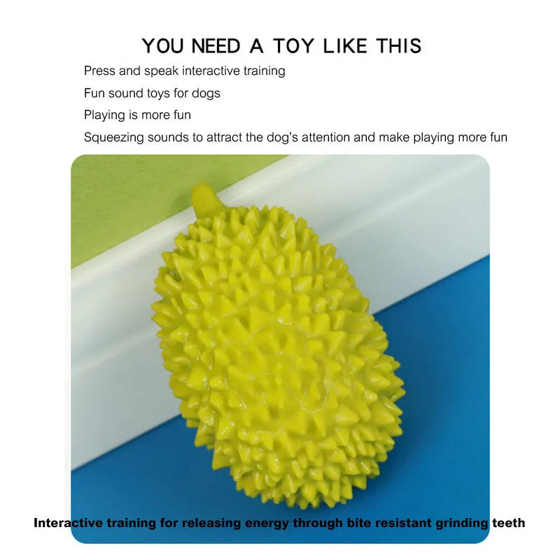 Durian-shaped dog chew toy in bright colours with teeth-cleaning ridges and squeaker ball