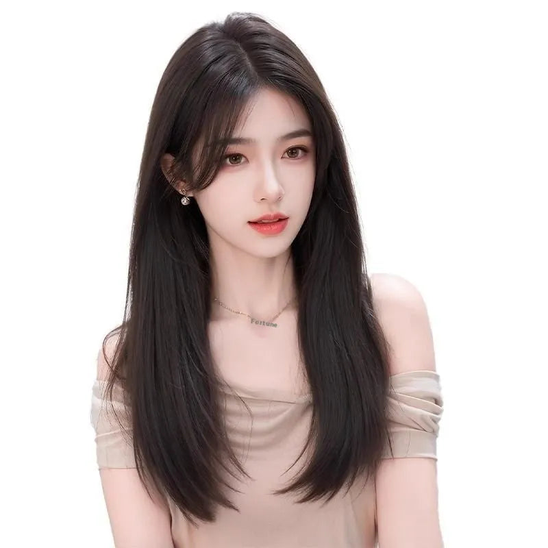 Brown black full-head wig with Chinese character bangs made from high temperature fibre