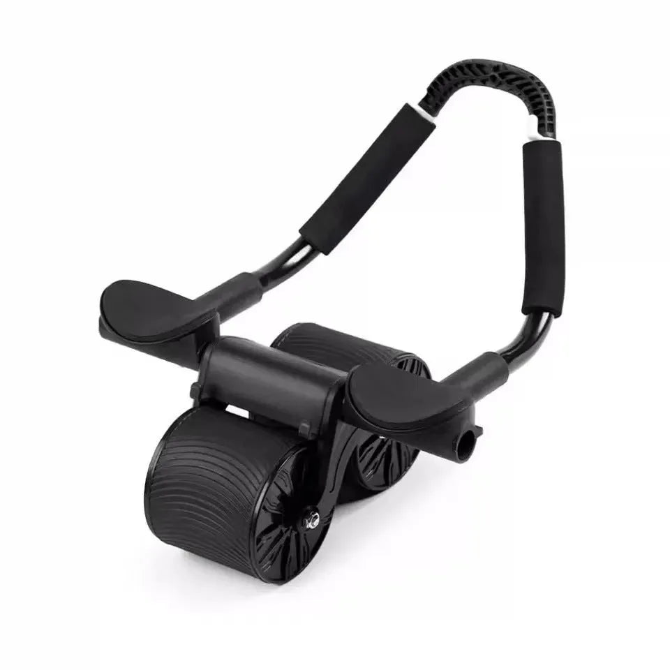 Black abdominal exercise wheel with automatic rebound mechanism next to red and black NBR yoga mat