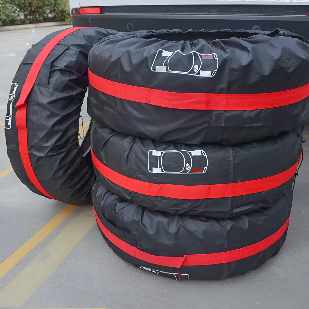 Set of four Oxford cloth 210D polyester car tyre protective covers with belt closure in black or red styles