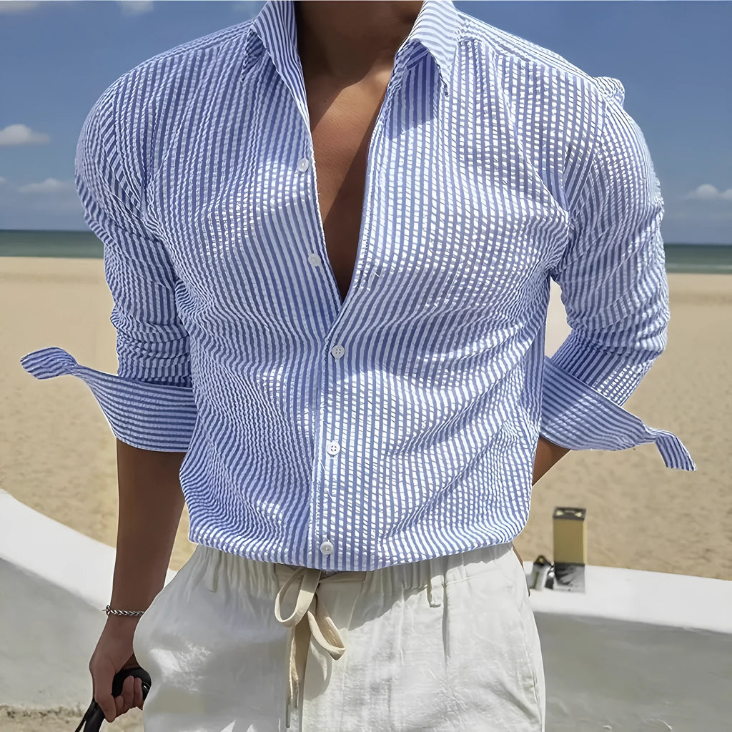 Men's striped shirt with cardigan lapel collar in multiple colour options showing front view