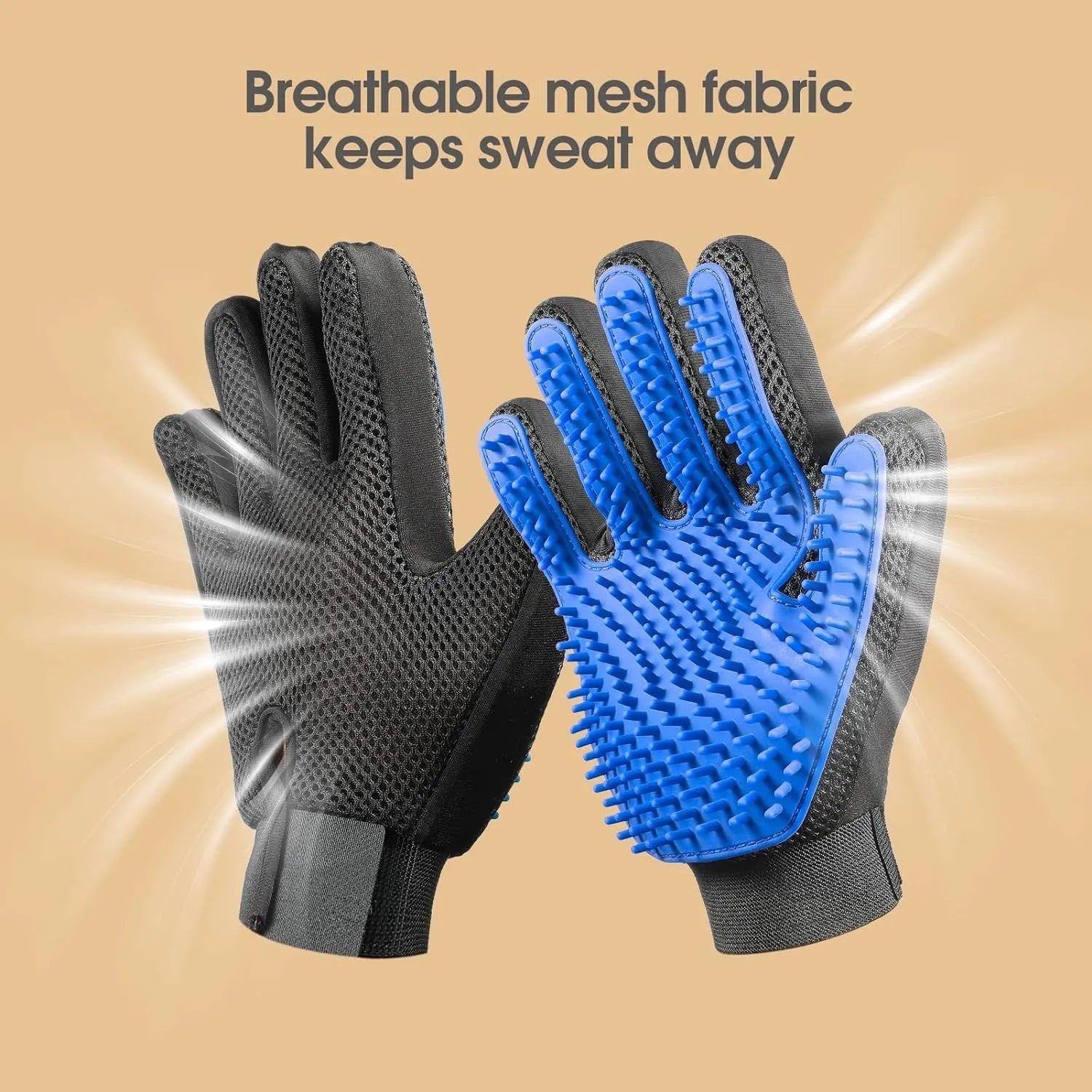Blue silicone pet grooming glove with 255 massage tips and adjustable wrist strap
