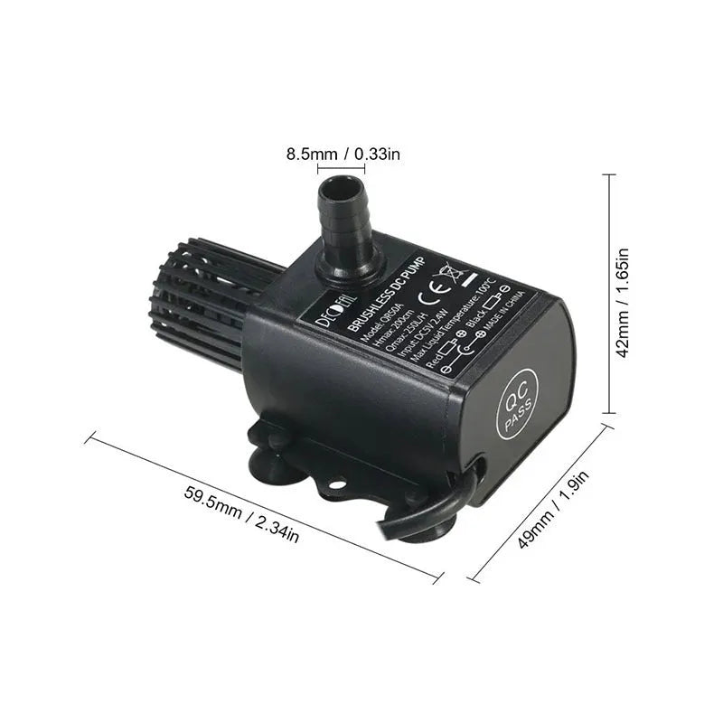 Micro brushless DC submersible pump with black PC+ABS body, 8mm inlet and outlet, and filter