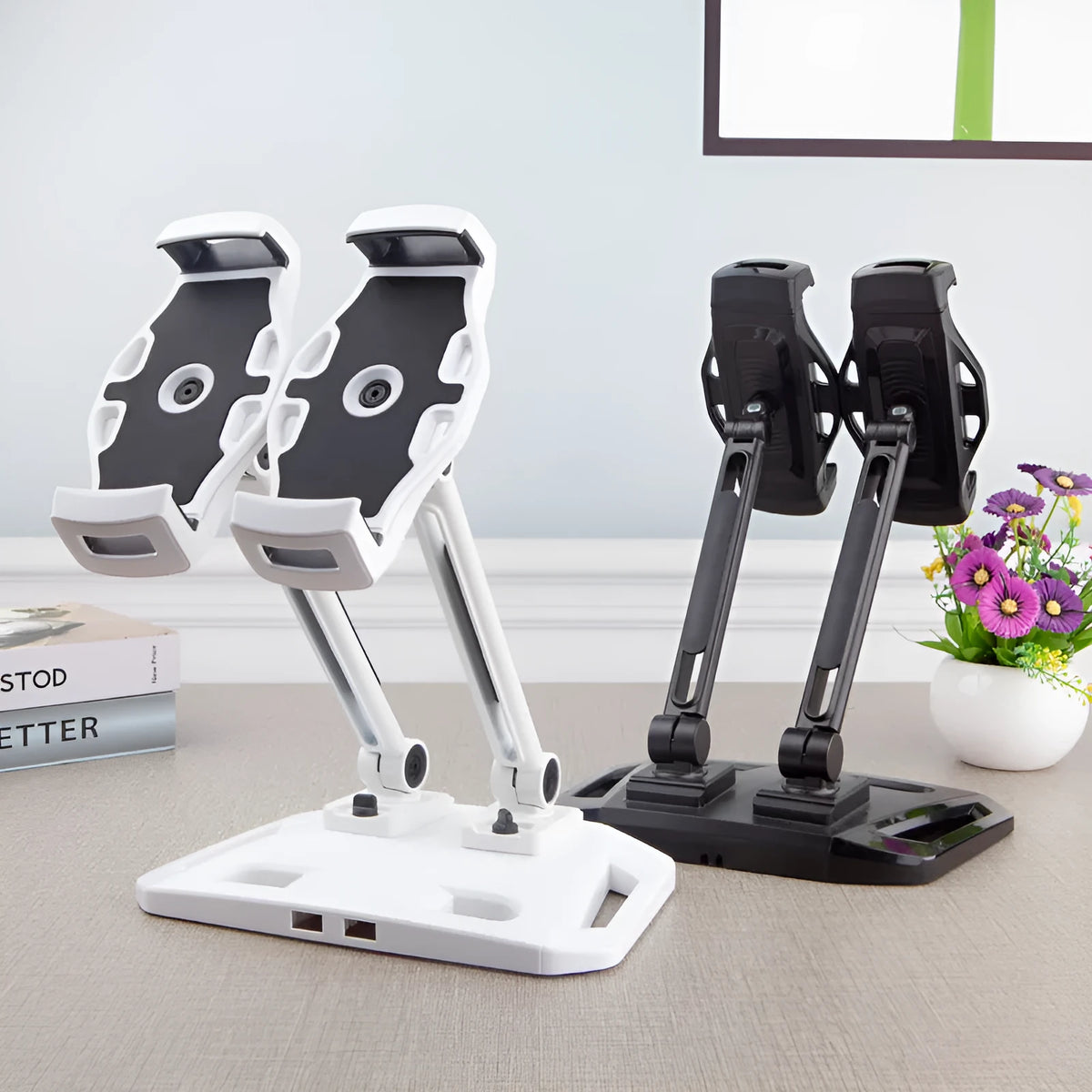 Double stand aluminium alloy phone holder in white or black, desktop support frame for phablet phones, 1.73kg