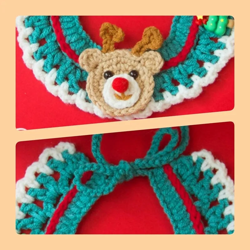 Adjustable Christmas knit pet collar with crochet elk pattern for cats and small dogs, sizes L and M