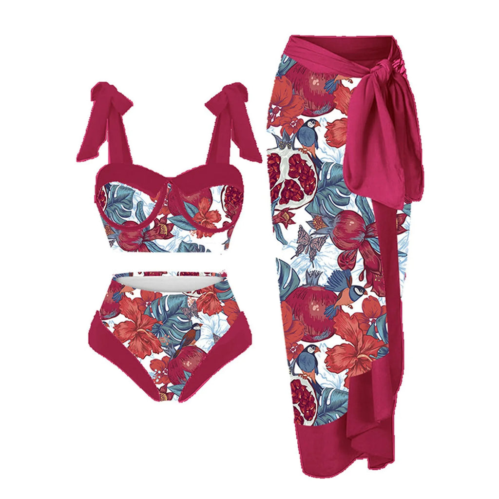 Women's printed split swimsuit three-piece set showing bra, skirt, and panties in floral pattern