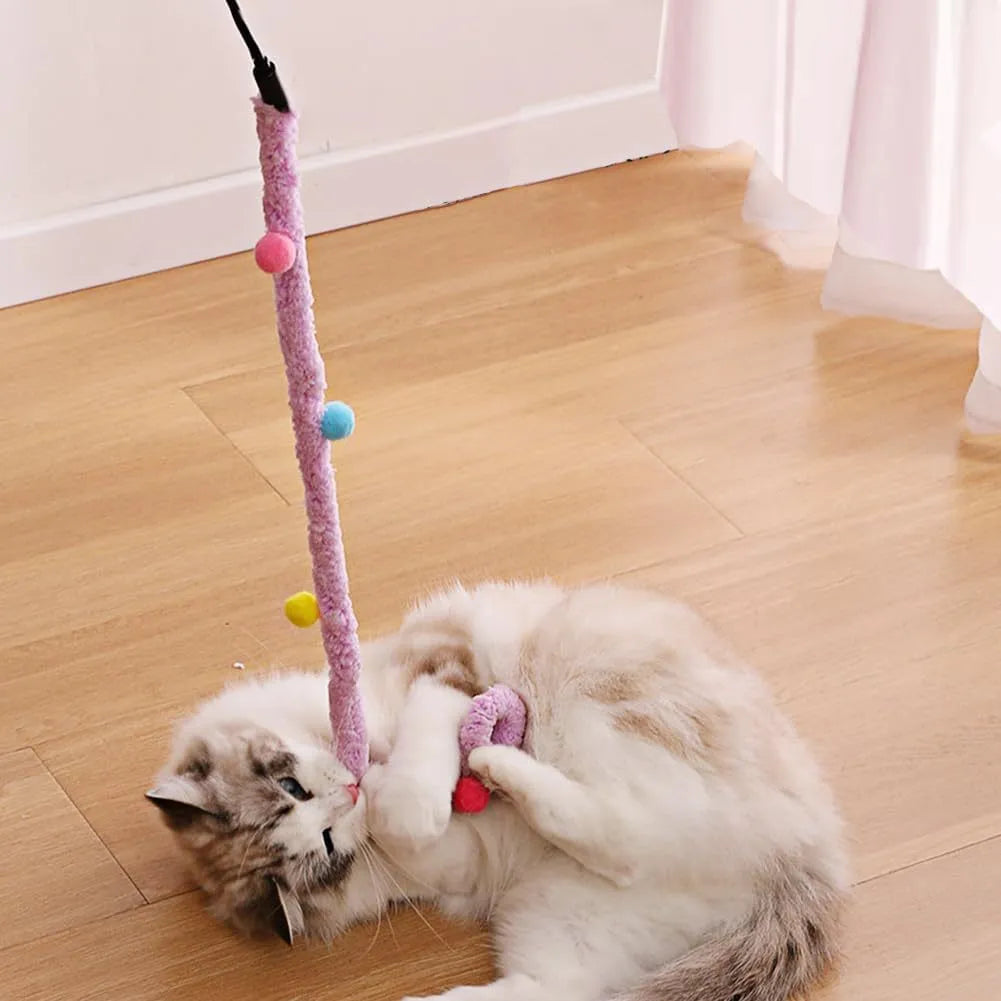 Blue cat teaser wand with long plush strip and bell on a 41cm pole.
