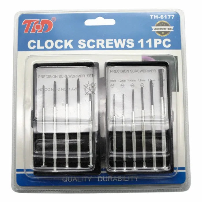 TH-6177 11-piece clock repair screwdriver set with cross and slotted bits in a case.