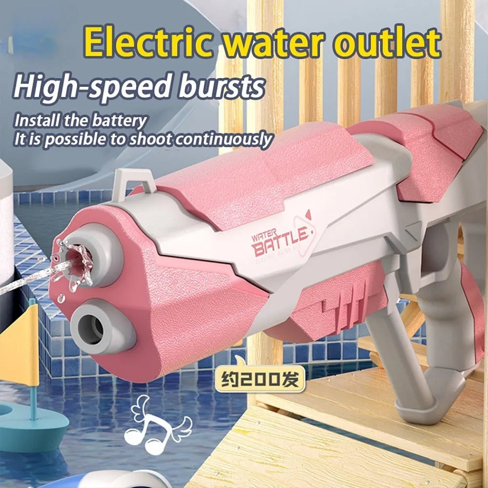 Blue plastic electric water gun with USB charging cable and 358ml water capacity for outdoor use.