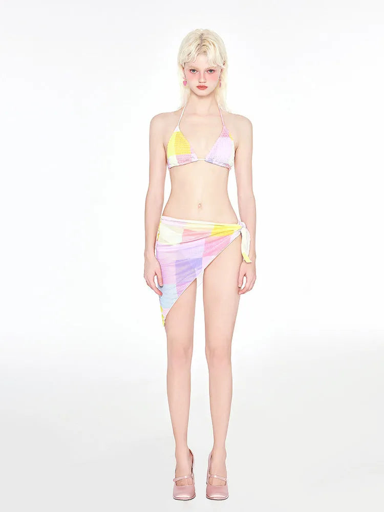 Rainbow pink triangle bikini set with wireless cups and chest pads for women