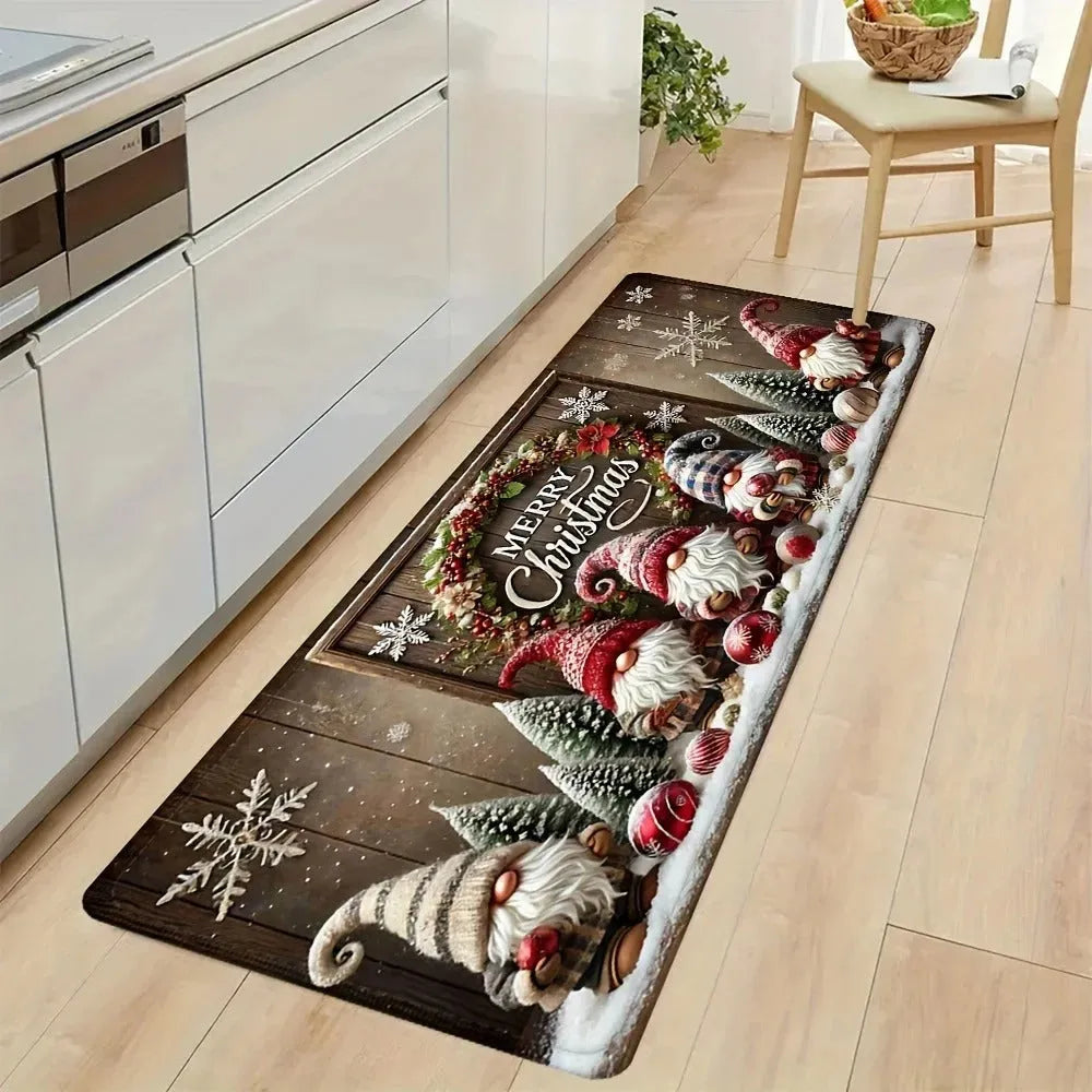 Christmas cartoon kitchen mat set of 2, anti-slip polyester doormat with skin-friendly suede finish, square printed rug