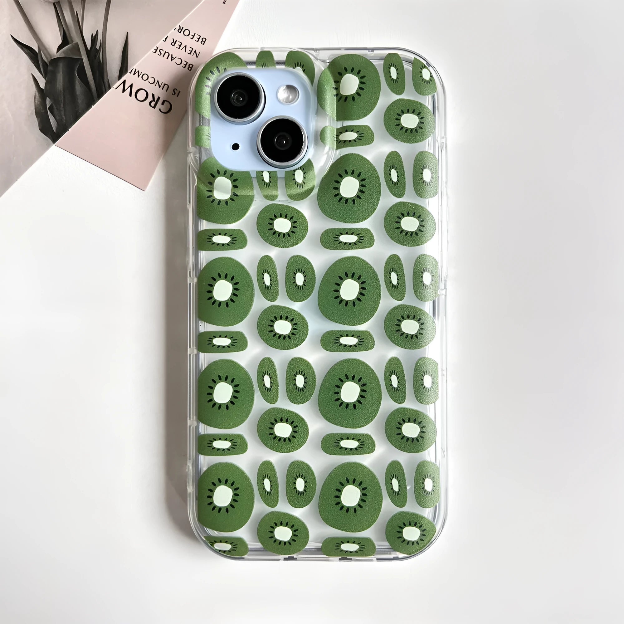 Transparent sliced kiwi fruit TPU phone case for iPhone showing green kiwi pattern on clear background