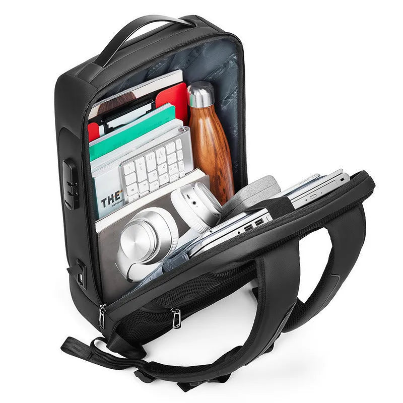 Men's solid-colour Oxford cloth business backpack with a breathable back panel and multiple organisational compartments.