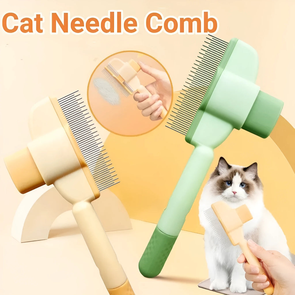 Green self-cleaning pet comb with release button and stainless steel teeth for dog and cat grooming