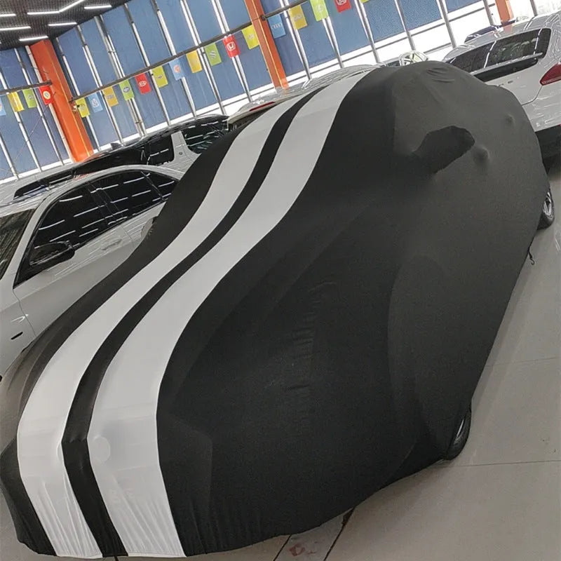 Ford Mustang car cover with elastic hem in light grey colour made from silk polyester fabric.