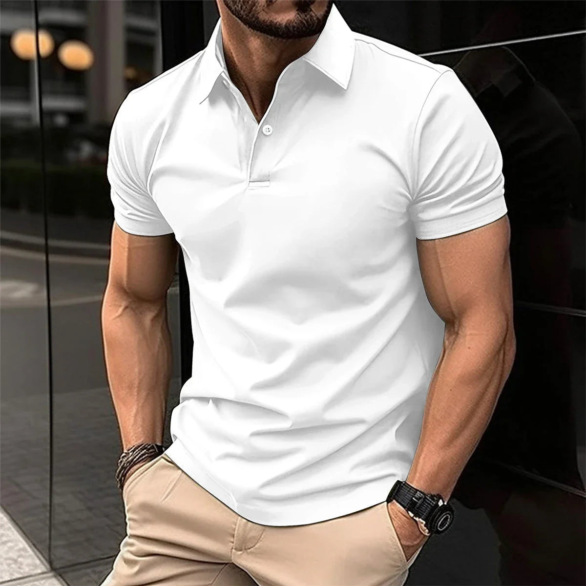 Men's short sleeve polo shirt in various solid color options, featuring a button-down collar and comfortable cotton-blend fabric