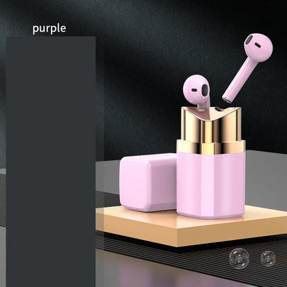 Stylish Bluetooth earbuds with lipstick-inspired design, noise-cancellation, and hands-free calling capabilities