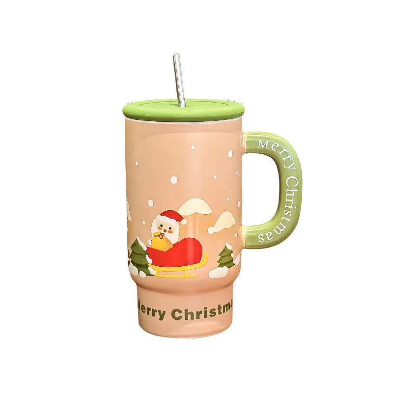 800ml white porcelain Christmas ceramic mug with cartoon pattern, cylindrical single-layer shape, microwave safe