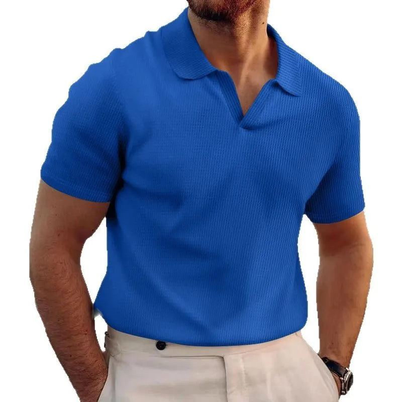 Men's slim-fit waffle weave t-shirt with lapels collar in solid colours