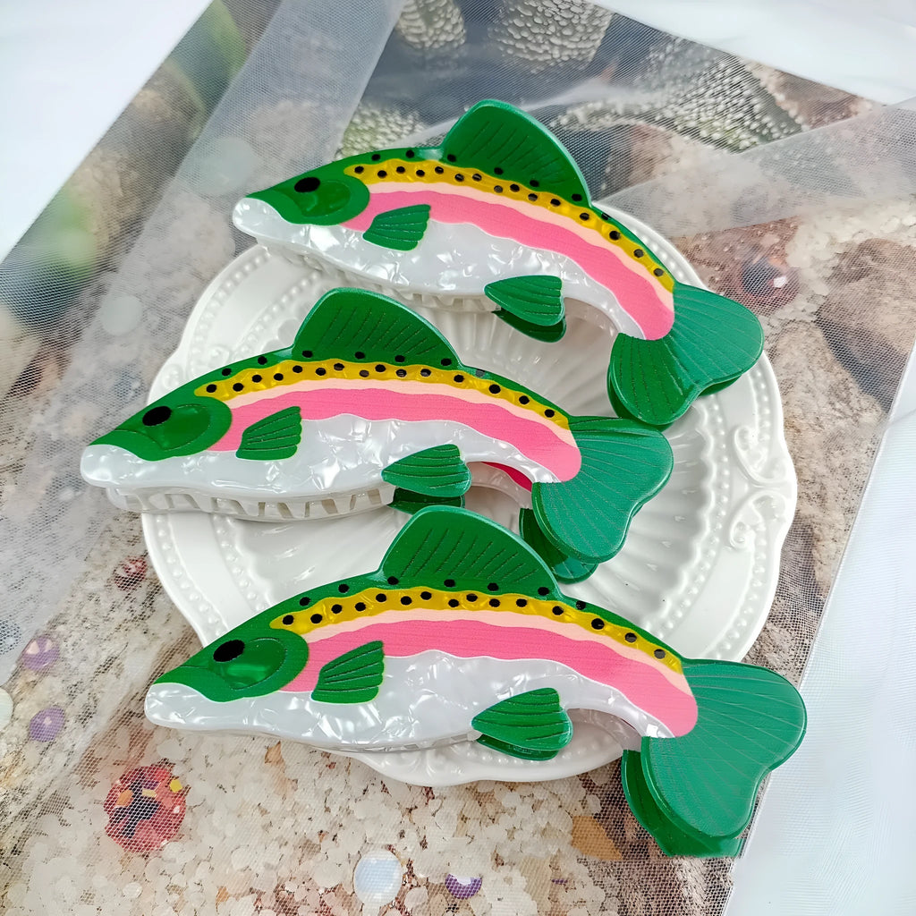 Dark green PVC hair clip with a printed design of a rainbow trout and a carp.