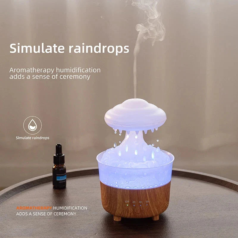 Relaxing cloud-shaped humidifier with soothing rain sounds, essential oil diffusion, and customizable LED lighting for a calming ambiance