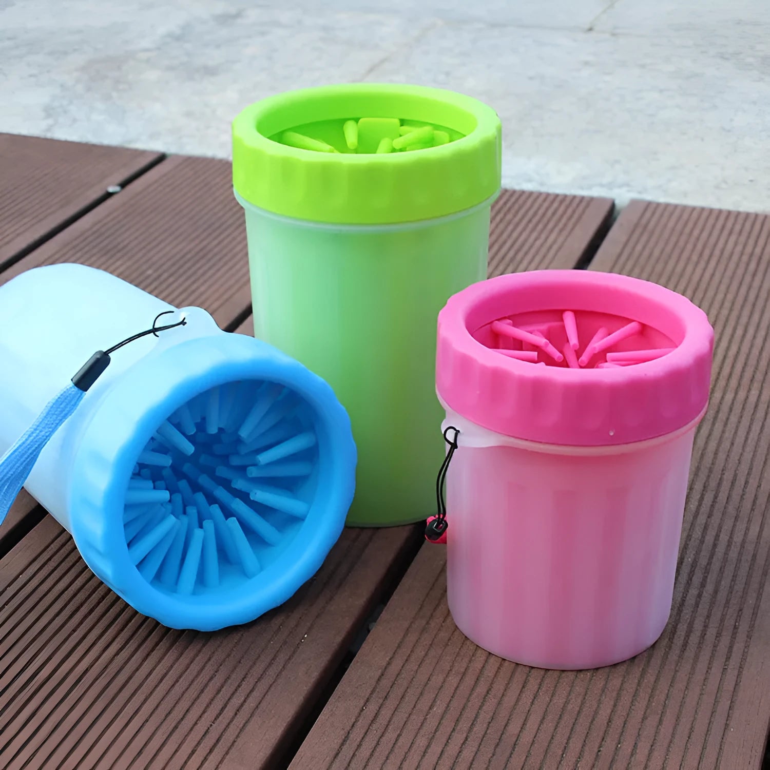 Silicone dog foot wash barrel with scrubber in blue, pink or green colours