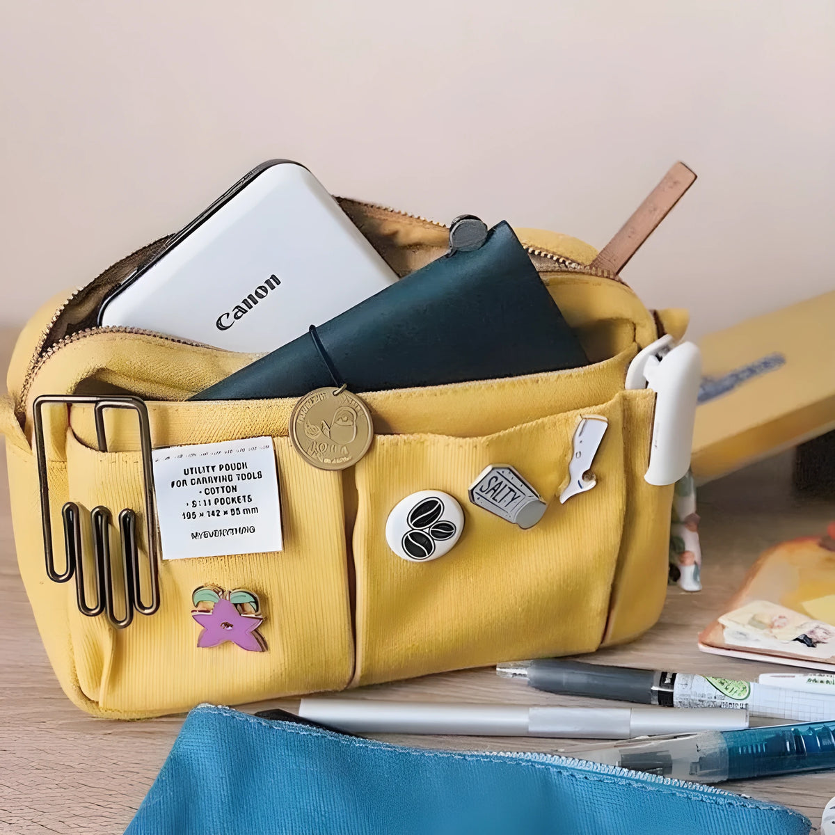 Canvas hand account storage bag in ginger yellow with shoulder strap, Korean style, large capacity