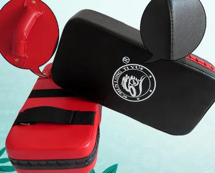 Red square taekwondo foot target pad for kicking practice, 40cm long.