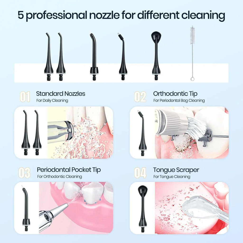 Black portable oral irrigator water flosser with built-in battery for adult home dental care.